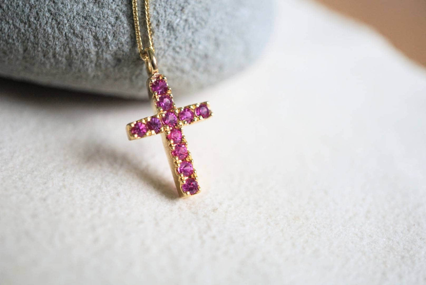 Hot Pink Sapphires Cross Pendant in 18K Gold