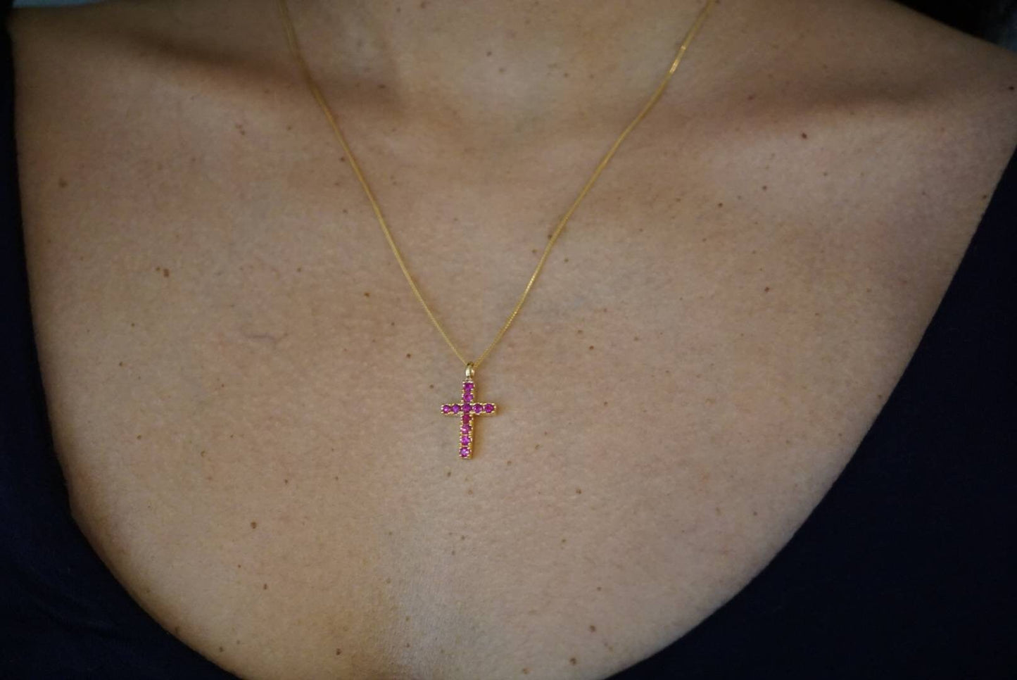 Hot Pink Sapphires Cross Pendant in 18K Gold