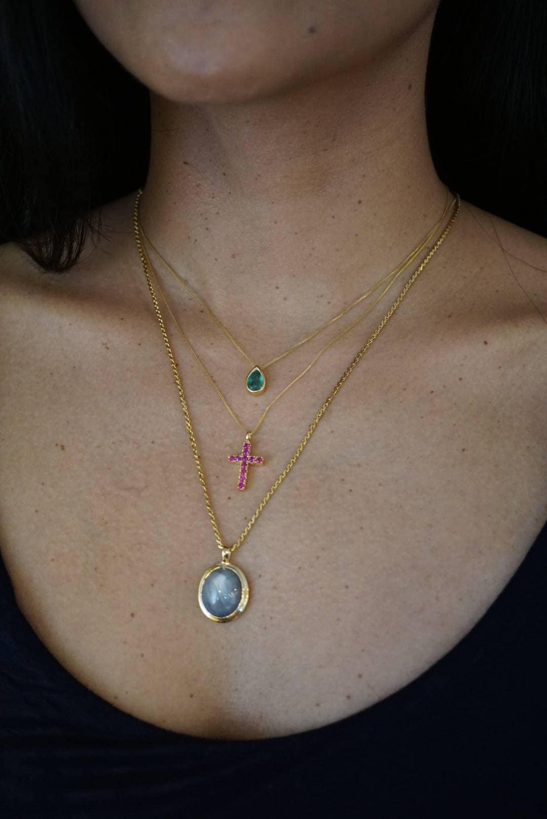 Hot Pink Sapphires Cross Pendant in 18K Gold