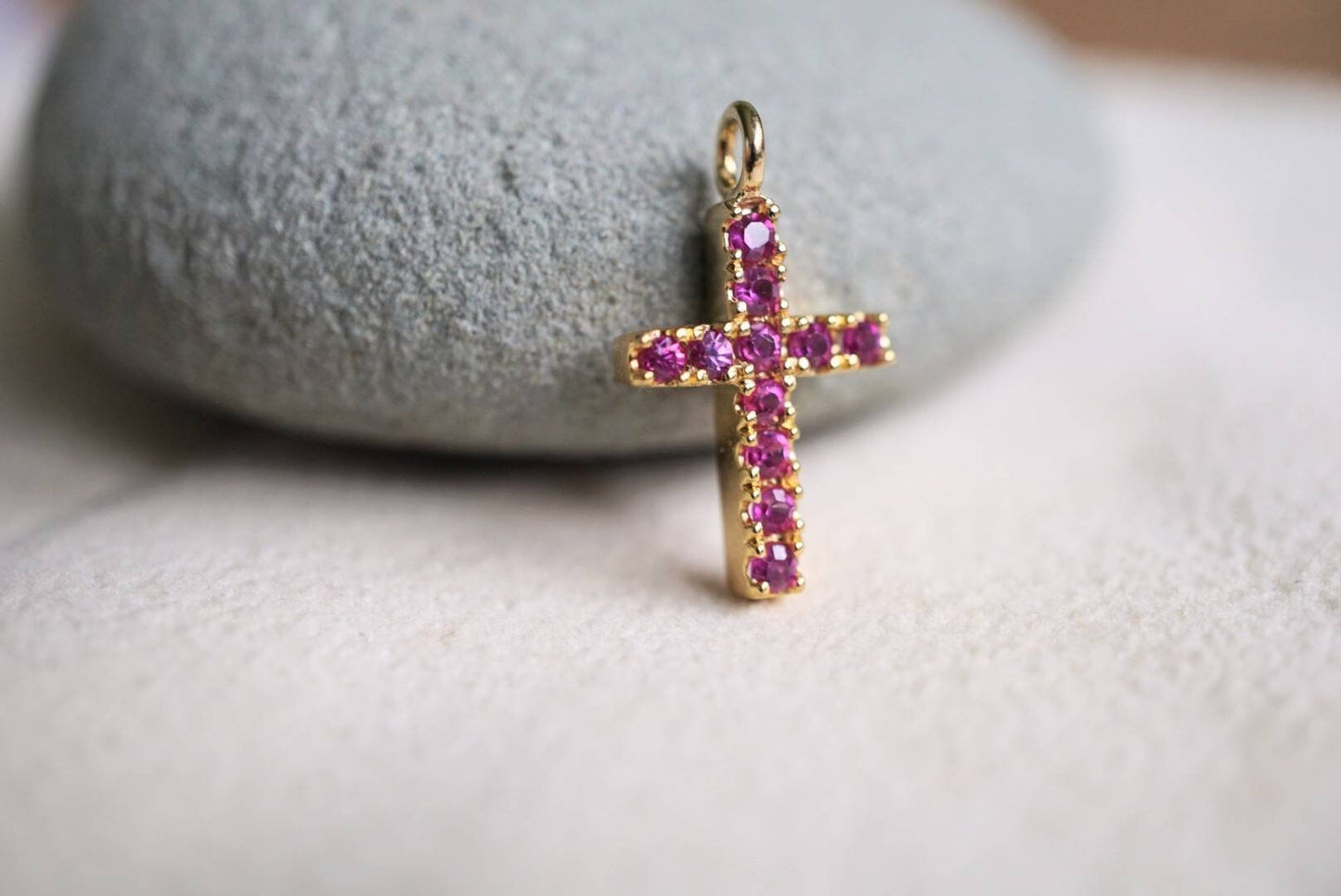 Hot Pink Sapphires Cross Pendant in 18K Gold