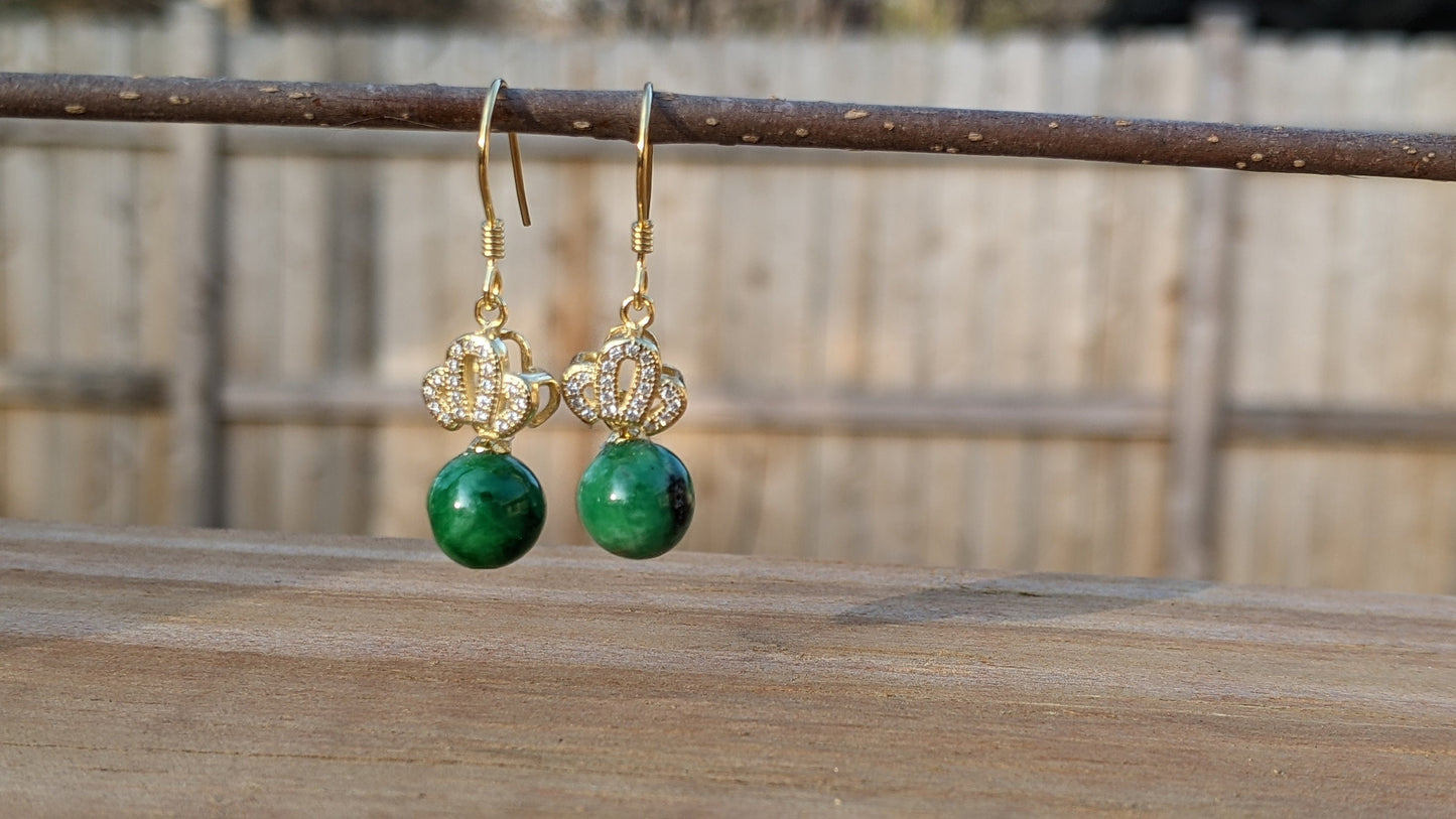 Genuine Type A Natural Jade Bead Earrings - Crown