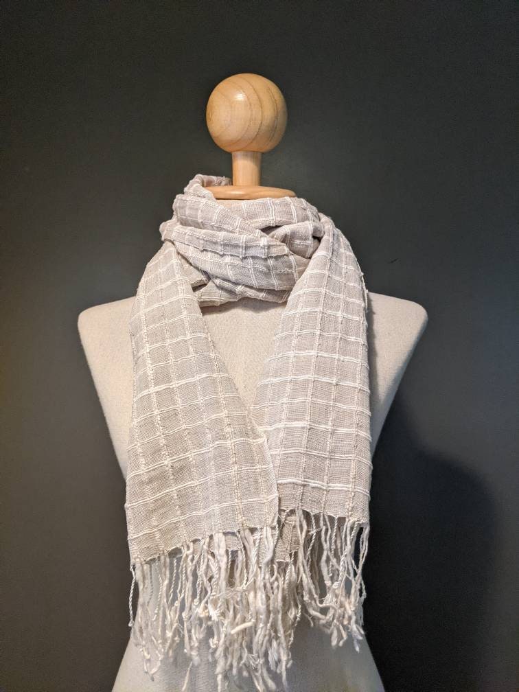 Natural Undyed Lotus Fiber Silk Shawl 60”L x 17”W, Checkered Pattern