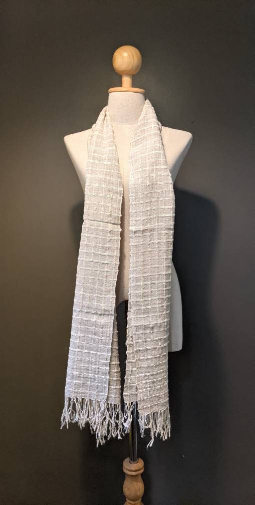 Natural Undyed Lotus Fiber Silk Shawl 60”L x 17”W, Checkered Pattern