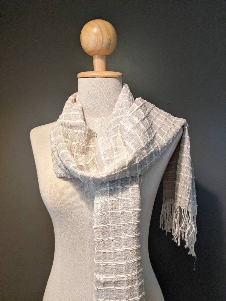 Natural Undyed Lotus Fiber Silk Shawl 60”L x 17”W, Checkered Pattern