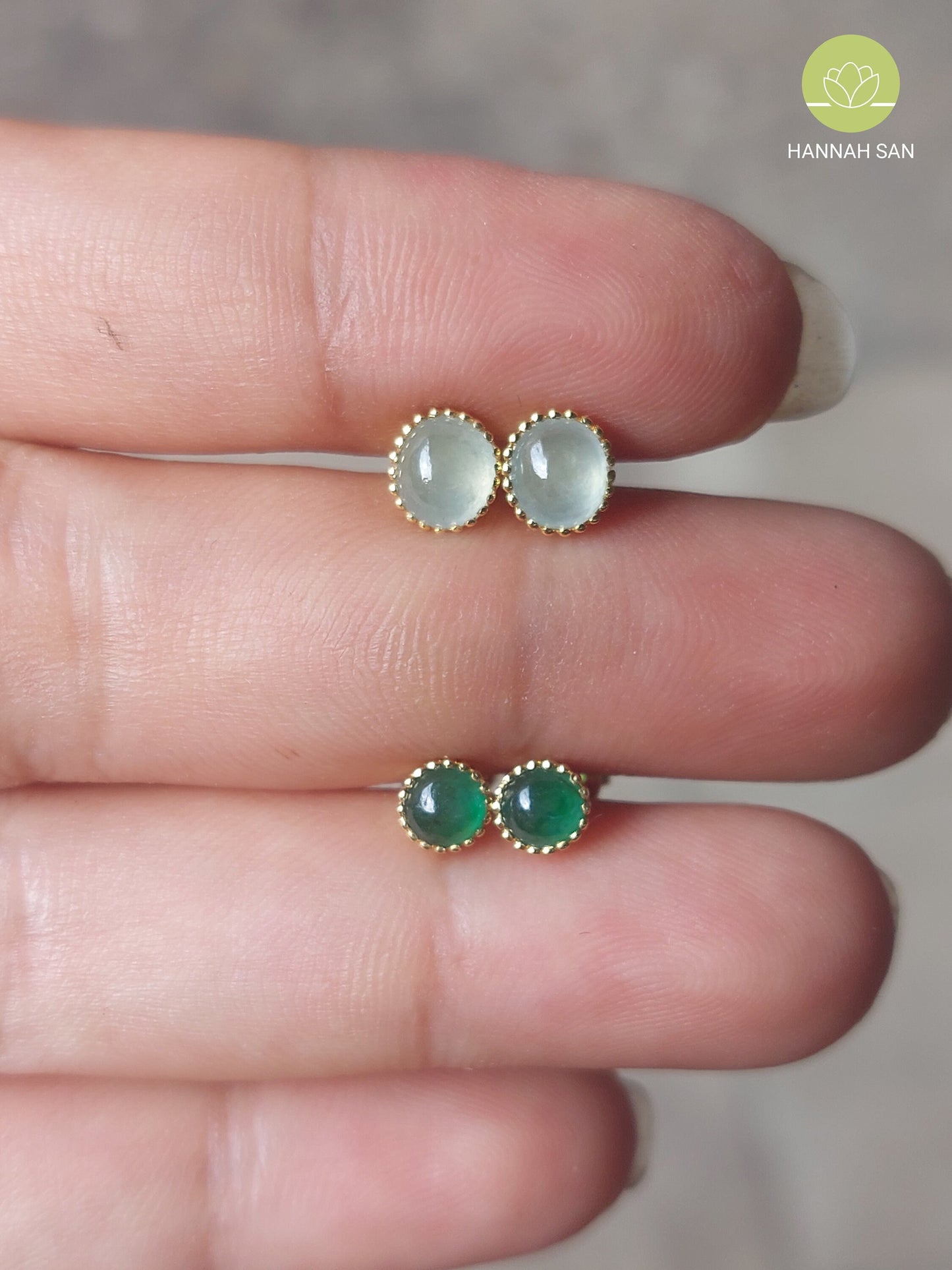 Modern Type A Jadeite Jade Stud Earrings - 18K Gold - Green, White