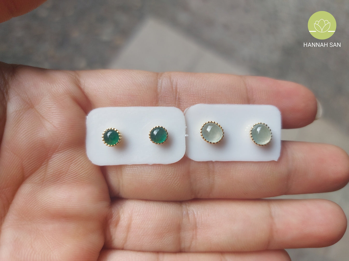 Modern Type A Jadeite Jade Stud Earrings - 18K Gold - Green, White