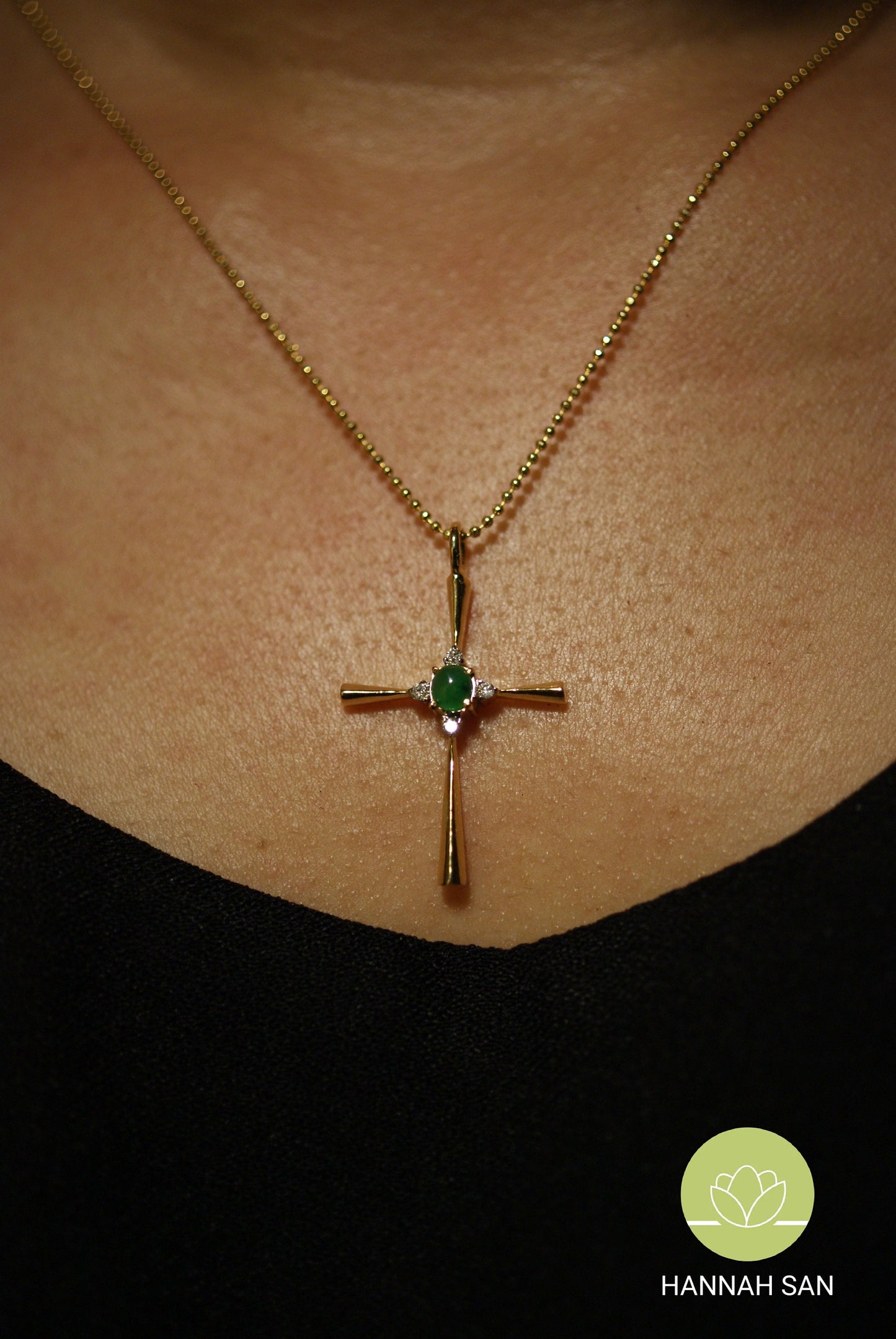 18K Gold Cross Pendant with Jadeite Jade