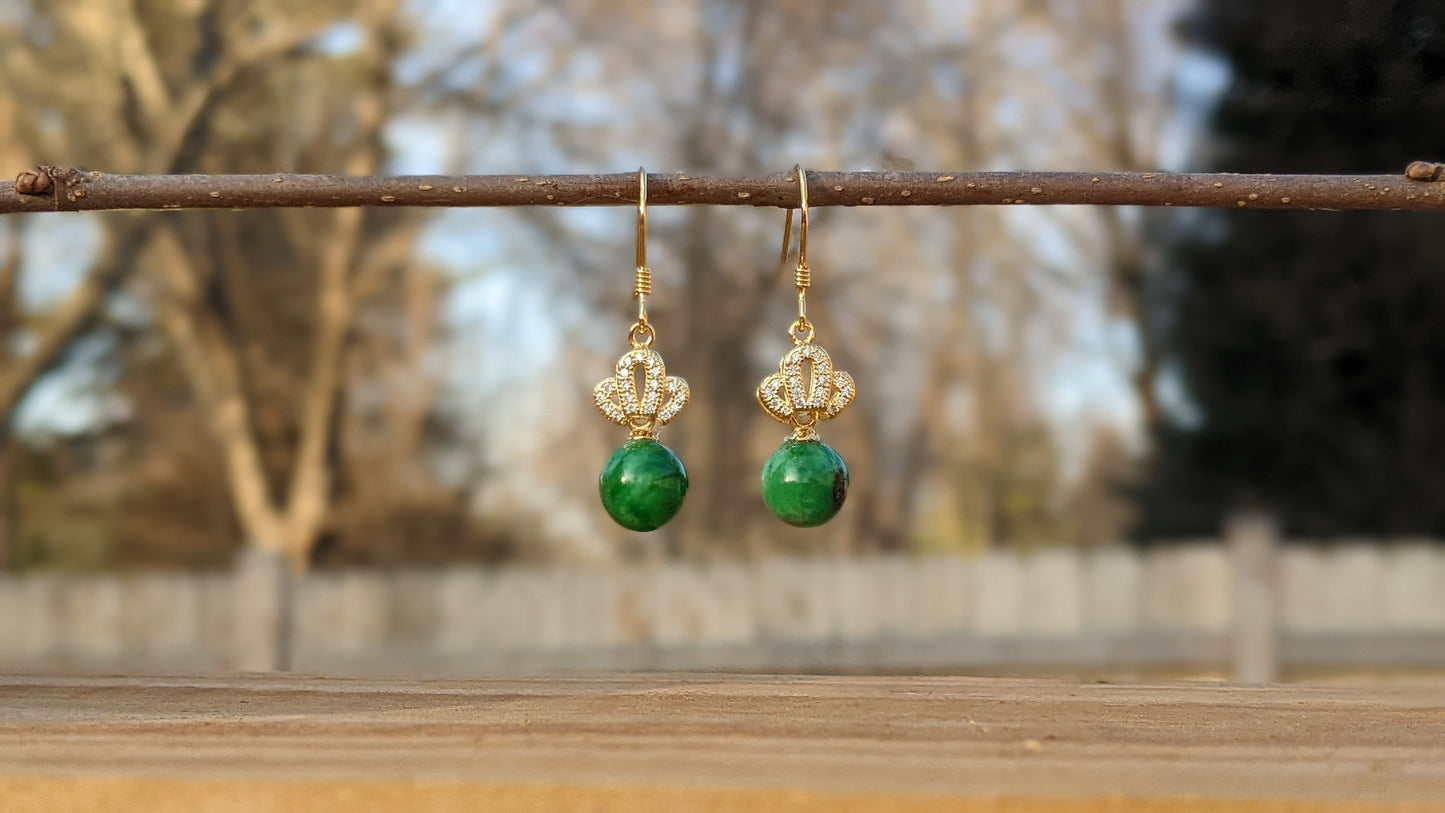 Genuine Type A Natural Jade Bead Earrings - Crown