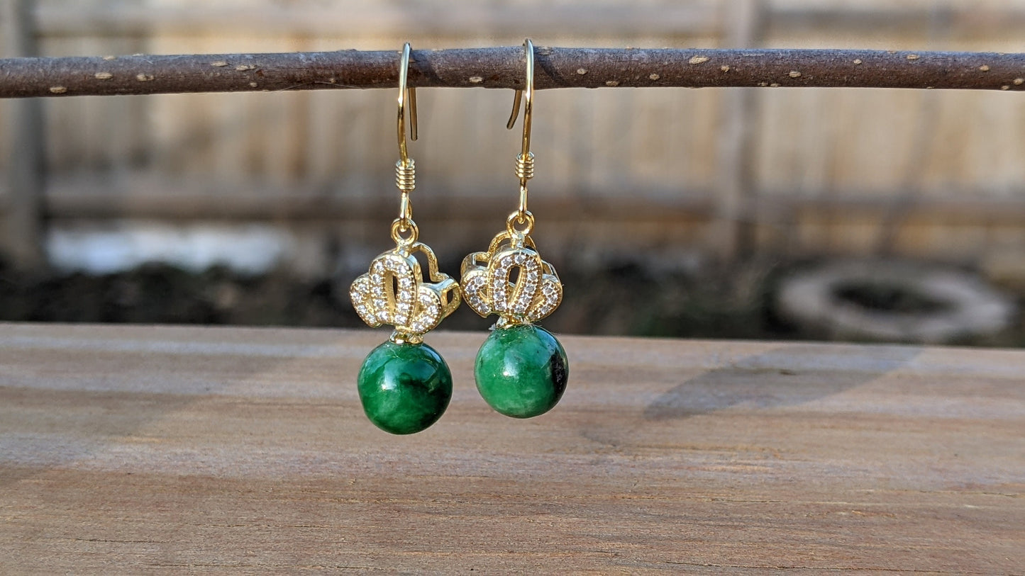 Genuine Type A Natural Jade Bead Earrings - Crown