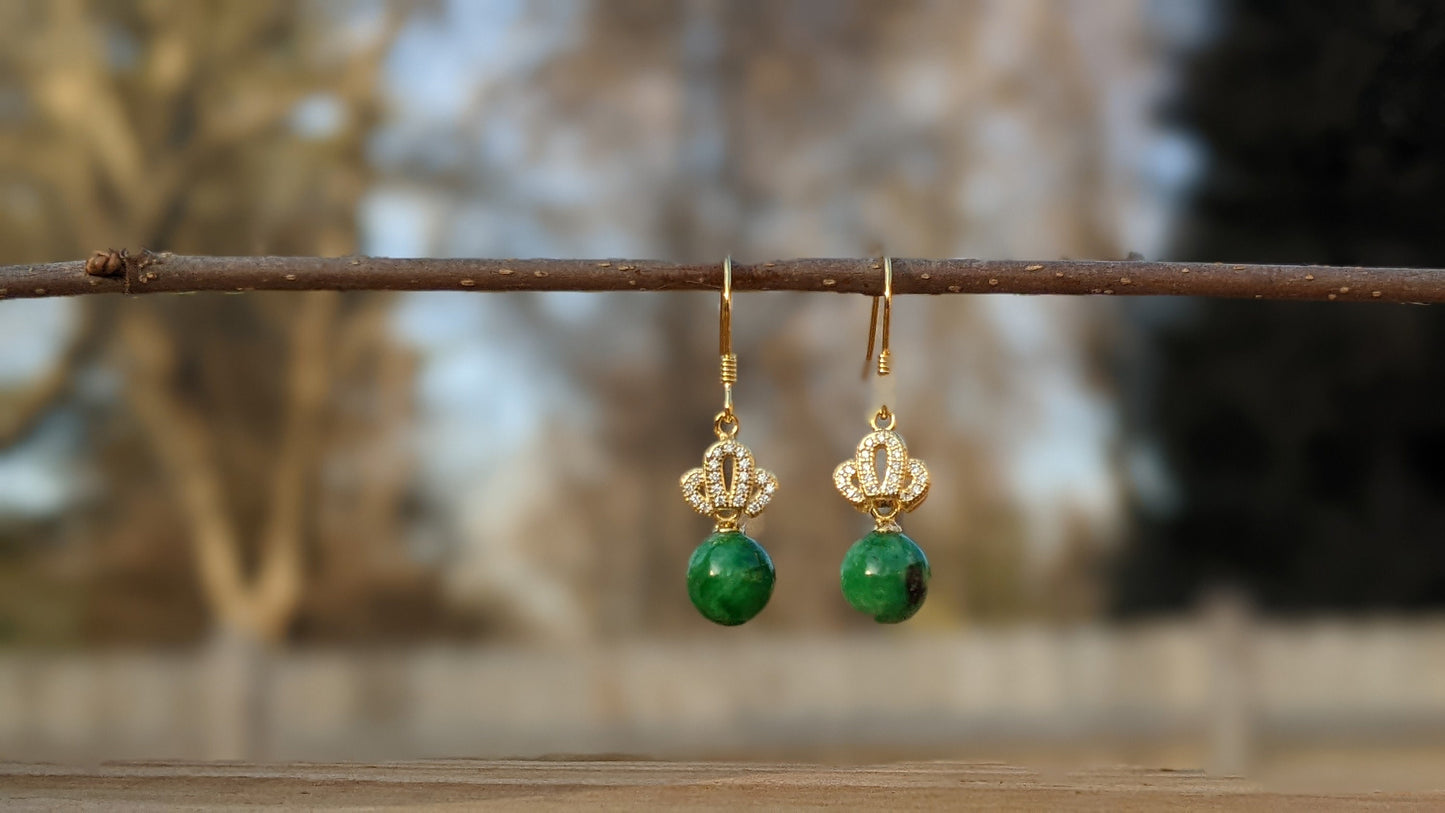 Genuine Type A Natural Jade Bead Earrings - Crown