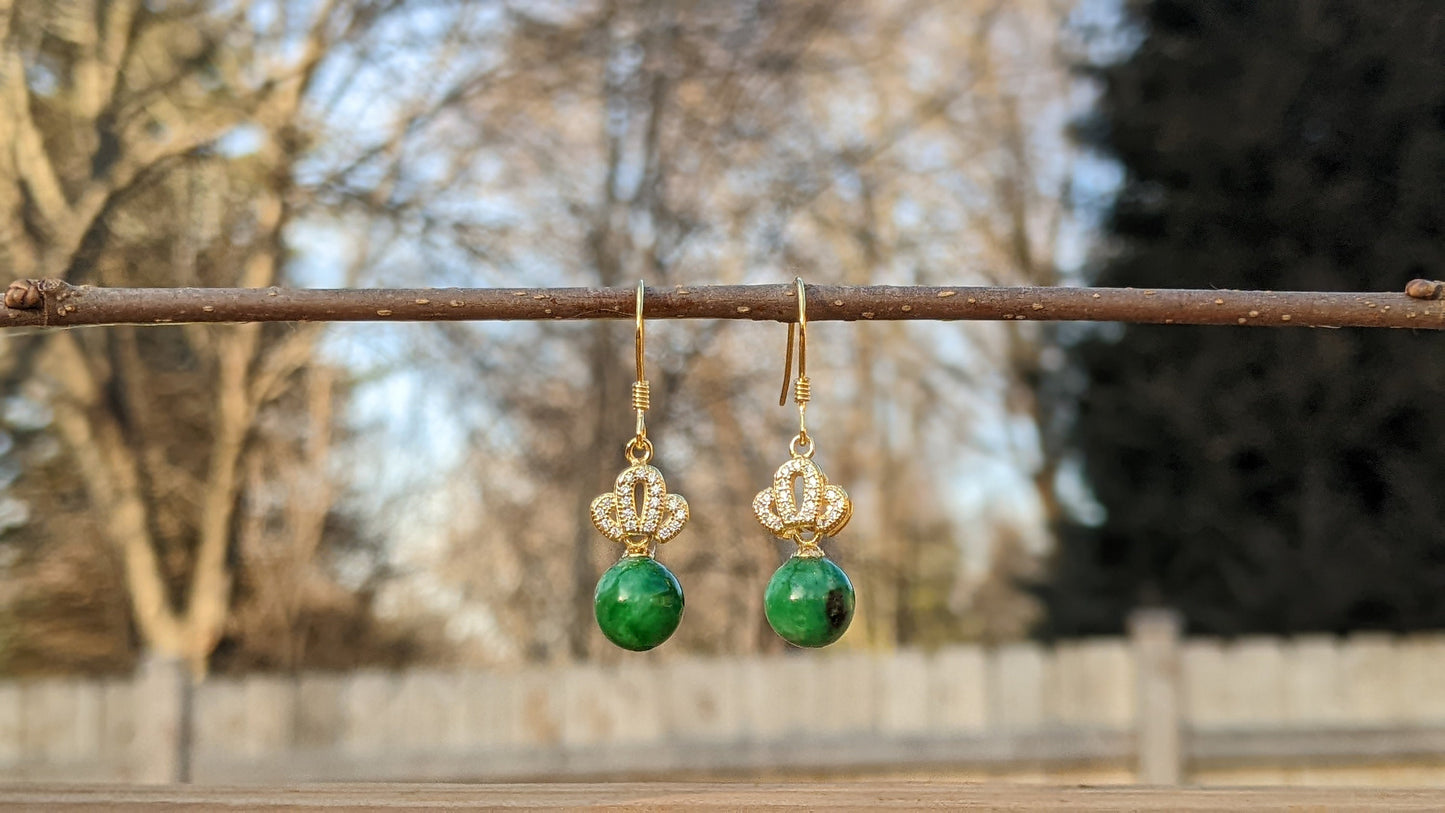 Genuine Type A Natural Jade Bead Earrings - Crown