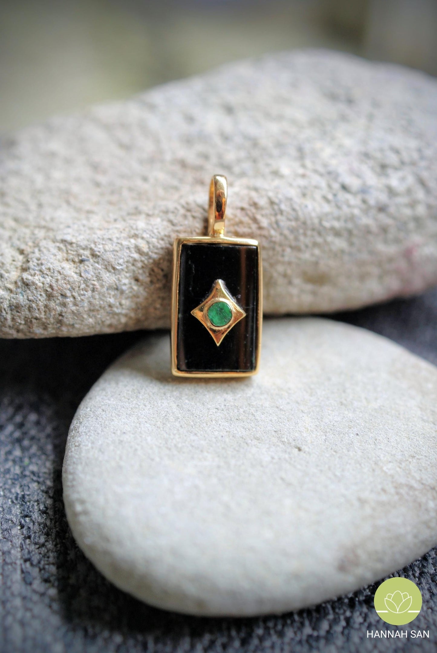 Natural Burma Black Jadeite Jade Pendant - 18K Gold - Rectangle