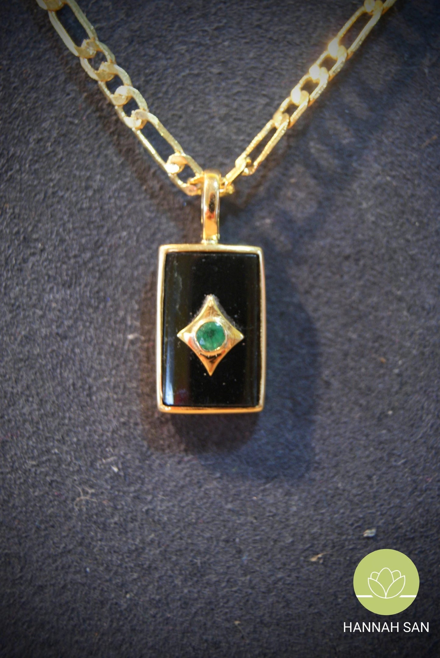 Natural Burma Black Jadeite Jade Pendant - 18K Gold - Rectangle