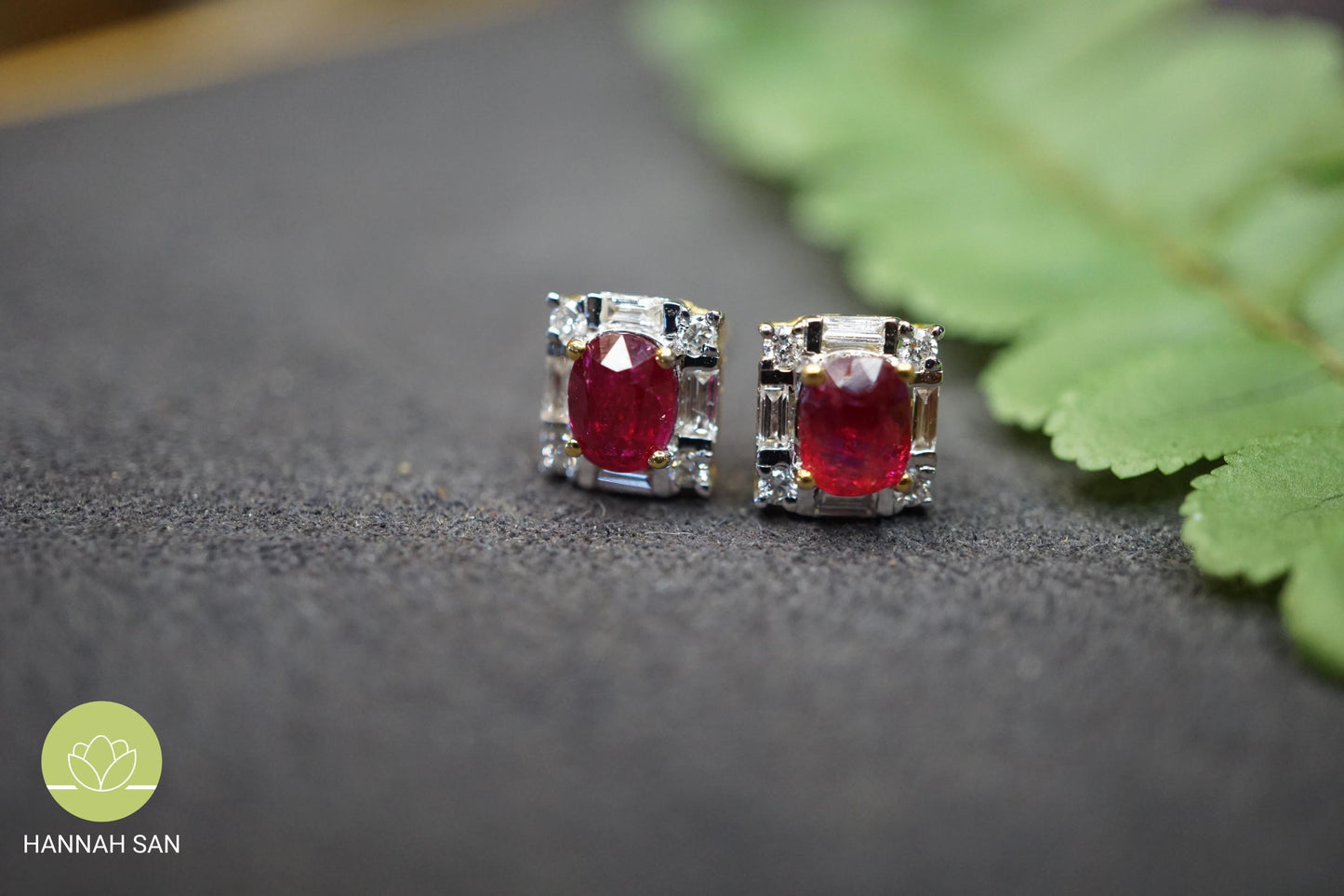 Vivid Red Burmese Natural Ruby Earrings - 18K Gold - Rectangle