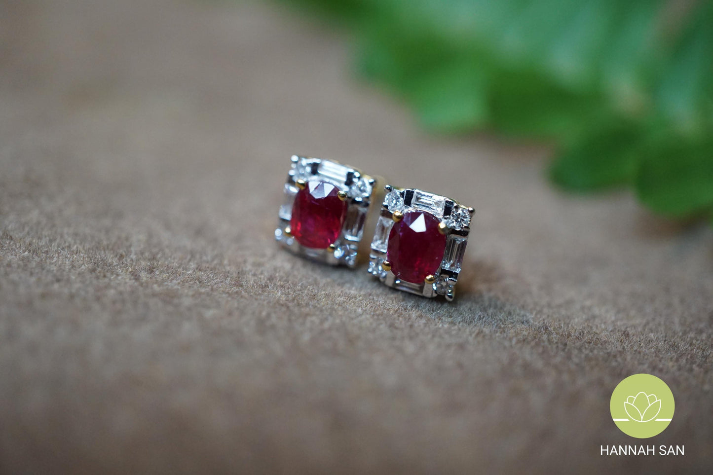 Vivid Red Burmese Natural Ruby Earrings - 18K Gold - Rectangle