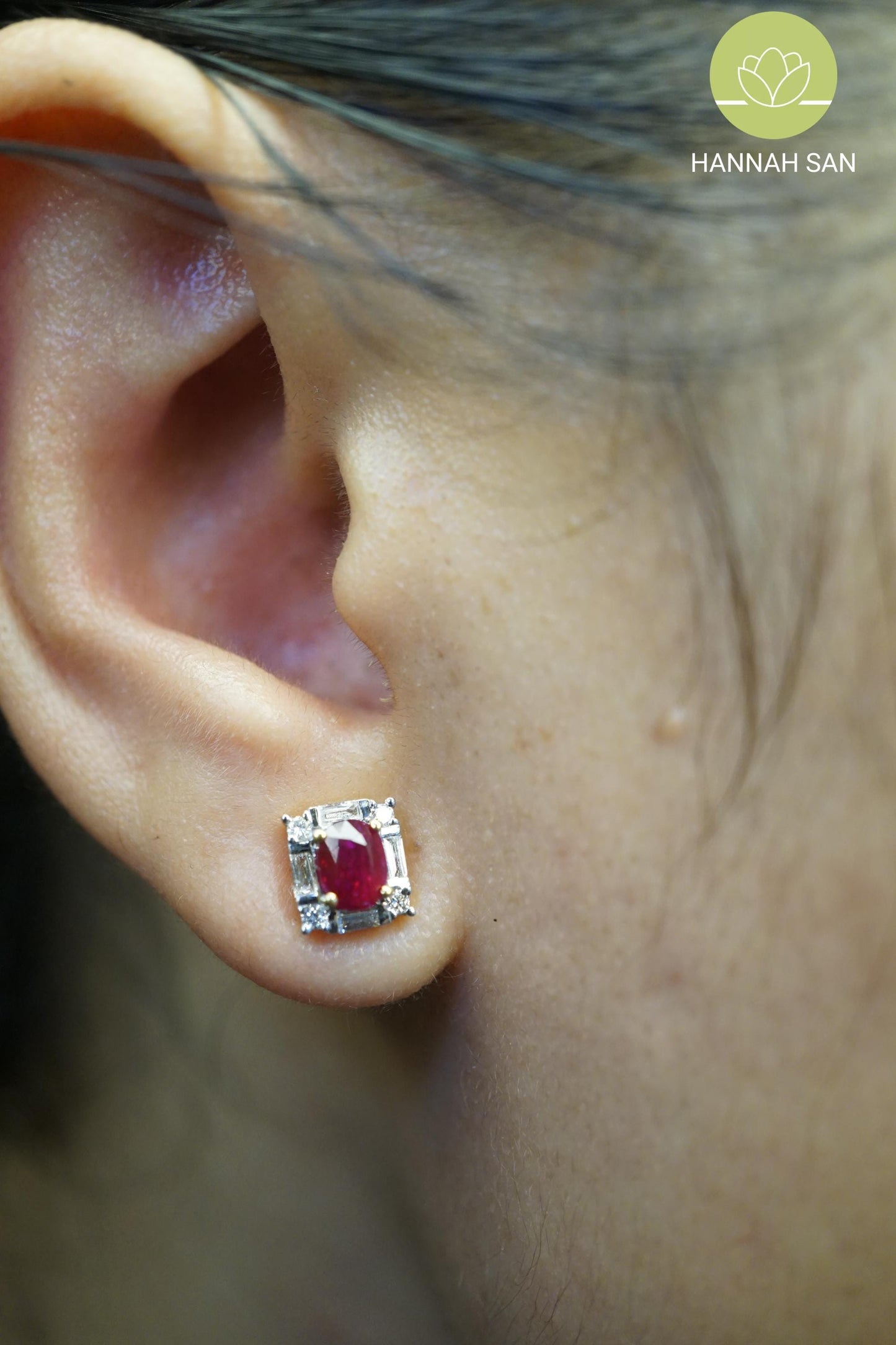 Vivid Red Burmese Natural Ruby Earrings - 18K Gold - Rectangle